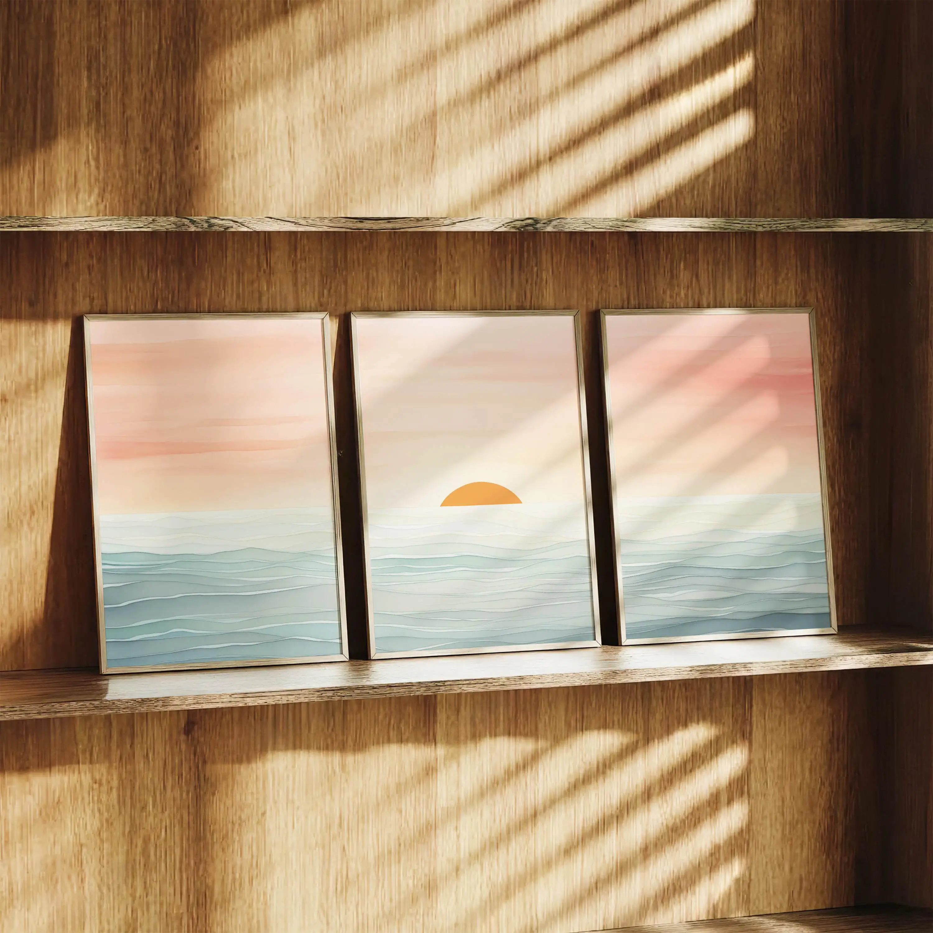 3pcs frameless Canvas Painting Minimalist Pastel Sunset Ocean Wall Art Set, Boho Coastal Sunrise Canvas Prints, Blush Pink Mint