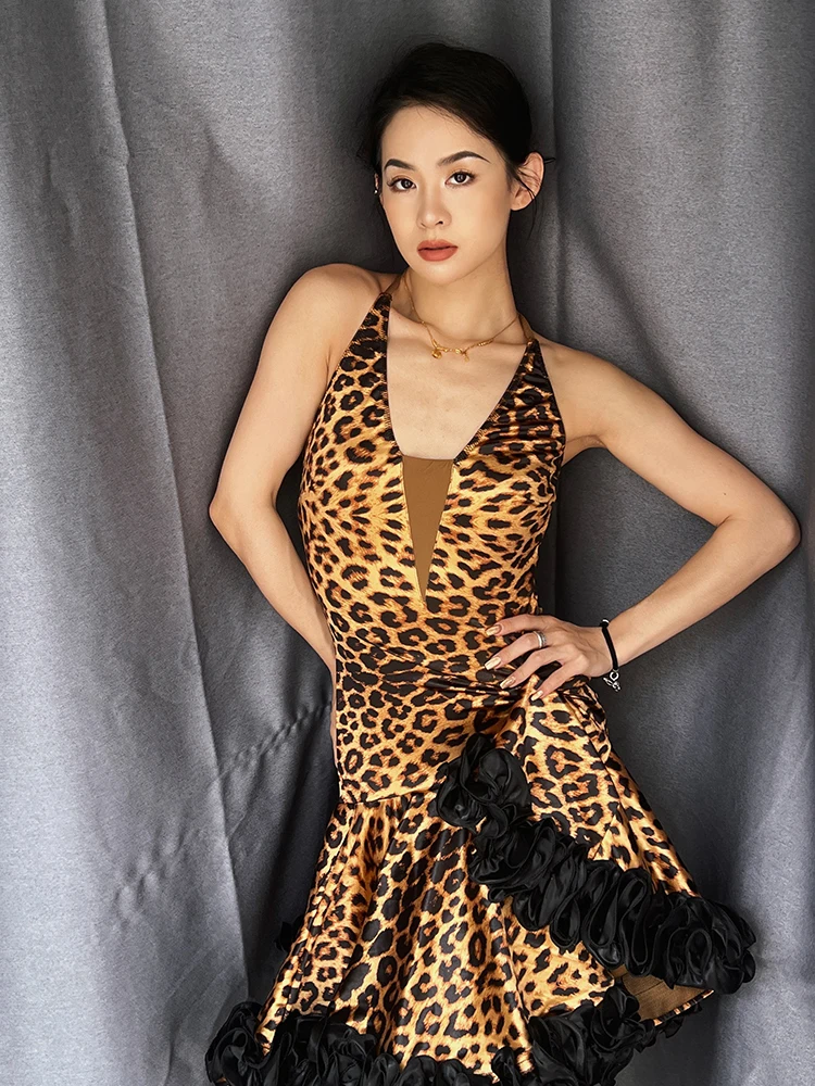 Luipaardprint Dansjurk Volwassen Mouwloos Open Rug Sexy Jurken Vrouwen Rumba Cha Cha Prestaties Outfit Latin Stadium Slijtage 1770