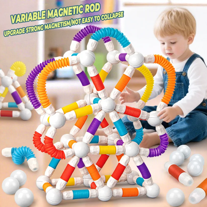 Children Magnetic Stick Building Toy Set Variety Flexible Retractable Magnetic Rod Tube Block Educational STEM Sensory Toys Gift