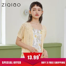 ZIQIAO Japanese Women Yellow Openwork Knitted Cardigan Cute Casual Tops