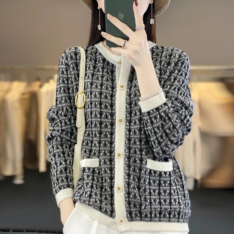 New autumn and winter products 100% wool color matching knit cardigan Jacquard Joker O-neck pocket cashmere loose coat top