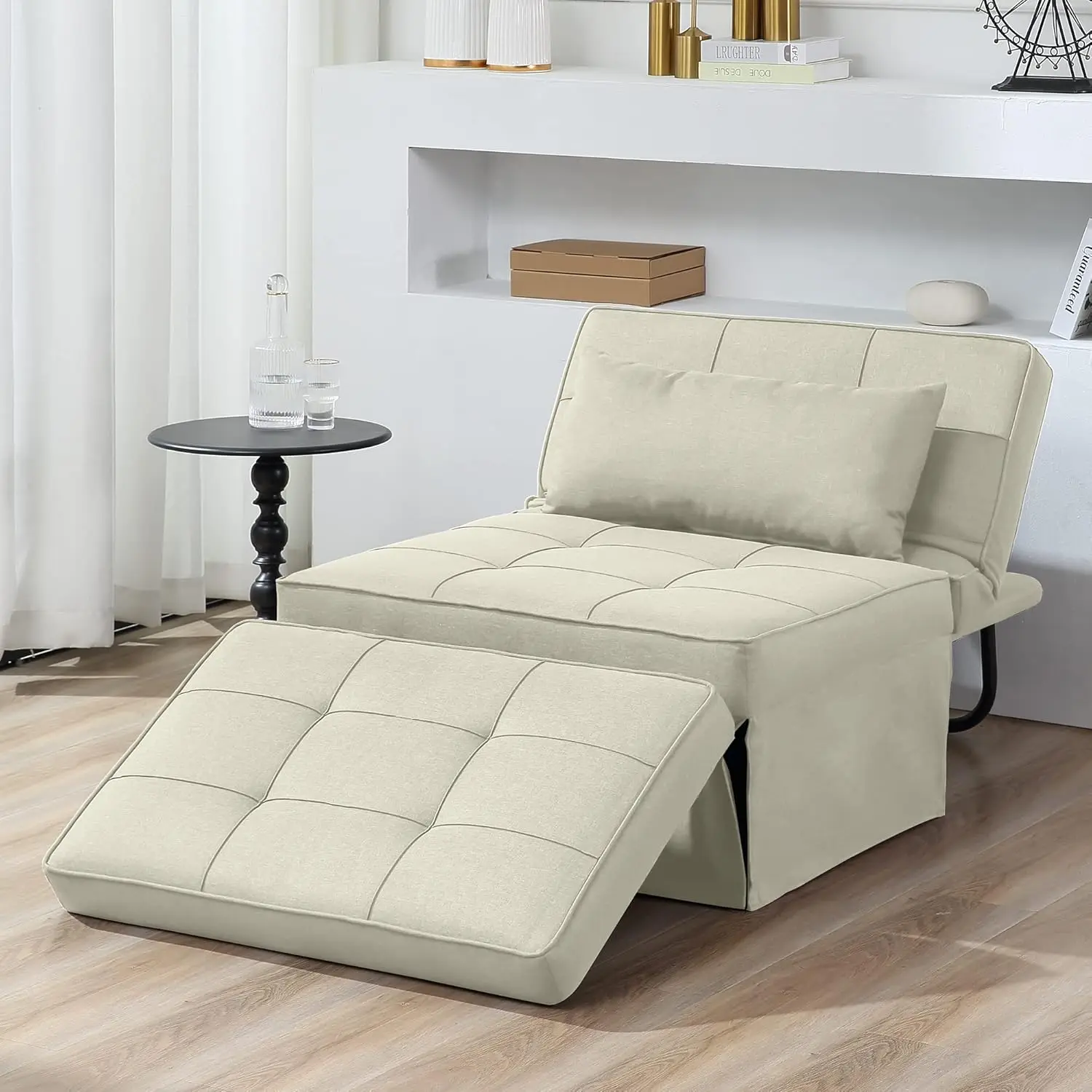 Bed, 4 in 1 Multi-Function Folding Ottoman Breathable Linen Couch Bed with Adjustable Backrest Modern Convertible Chair