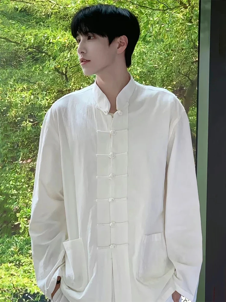 

Новая мужская льняная рубашка-поло в китайском стиле с пуговицами, воротником-стойкой, летняя, модная, повседневная верхняя одежда