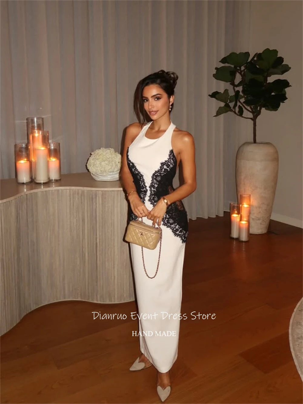 Dianruo Halter Neckline Sleeveless Evening Dresses Backless Straight Prom Gown Contrasting Colors Wedding Party Dress Customized