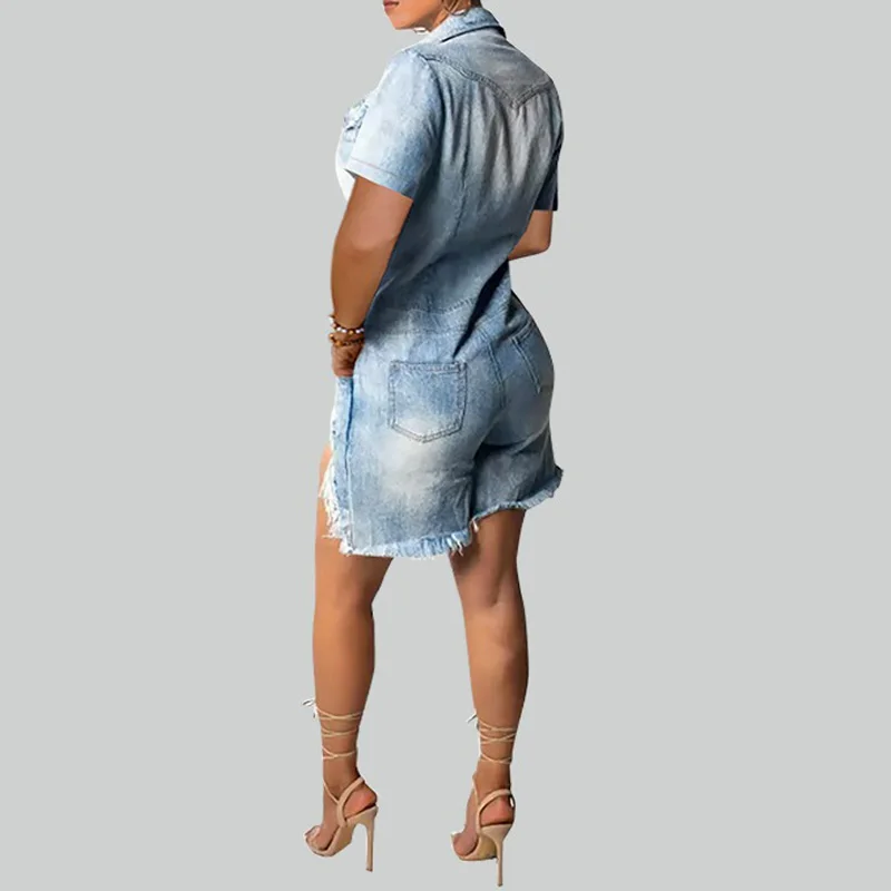 Benuynffy Casual Half Button Washed Denim Jumpsuit Romper Dames Streetwear Vintage Korte Mouw Losse Omzoomde Zoom Jean Rompertjes