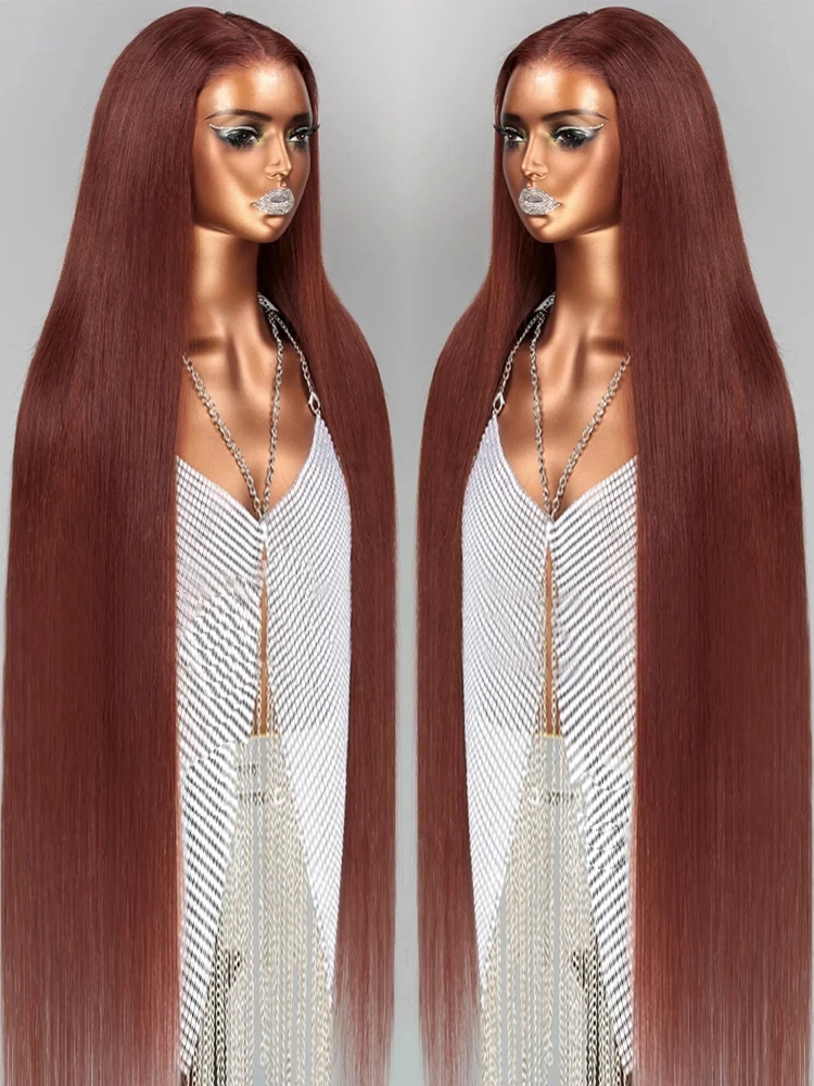 Reddish Brown Bone Straight 13x6 HD Transparent Lace Front Wig 30 34Inch Colored Lace Frontal Human Hair Wig For Women On Sale