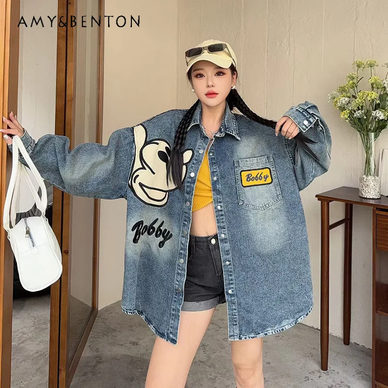 

Новая женская джинсовая рубашка-куртка свободного кроя средней длины с вышивкой и мультяшным принтом в стиле Heavy Industry, весна-осень 2026, на одной пуговице