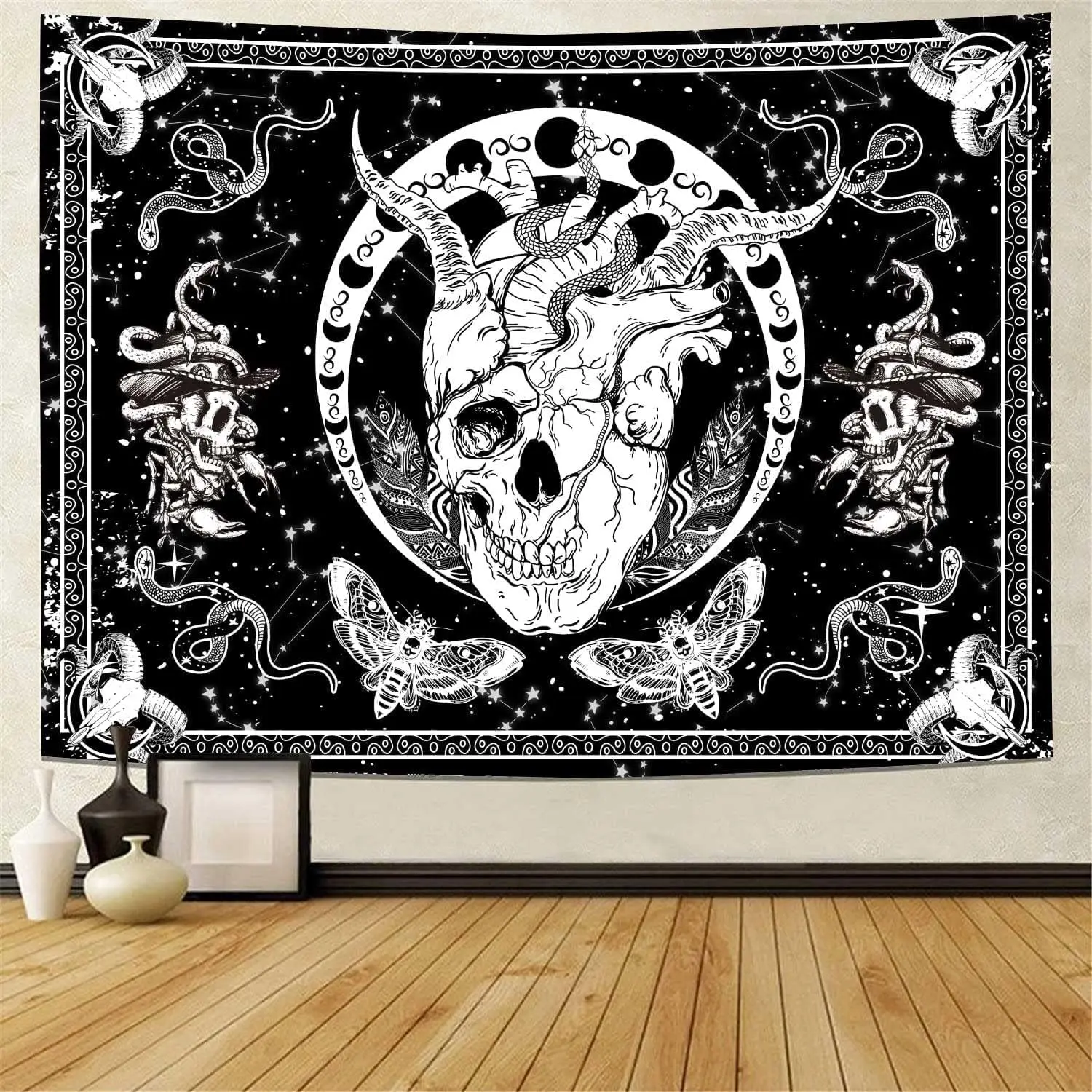 Skull Tapestry Black White Snake Moth Skeleton Moon Phase Wall Hanging for Room Decor