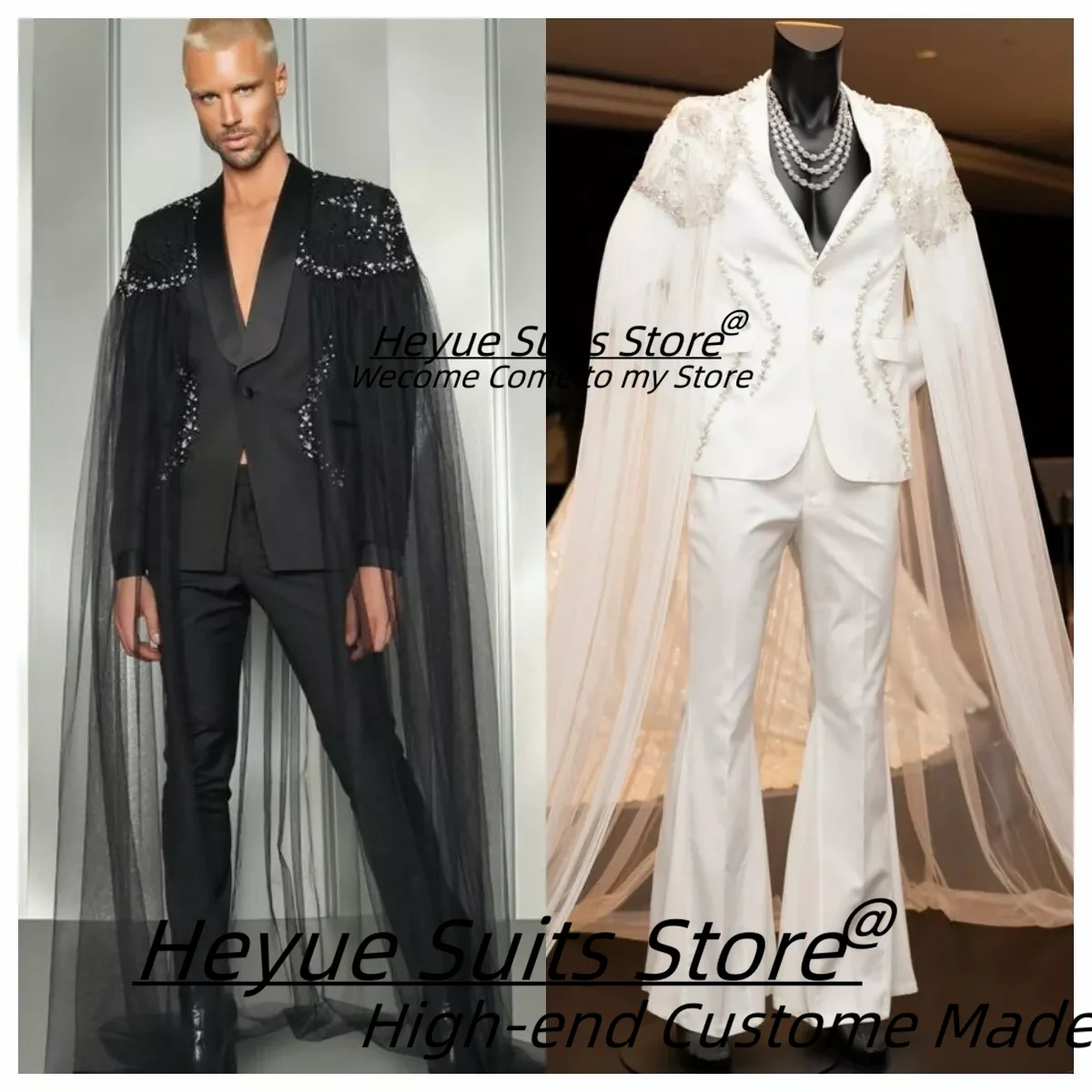 

Customized Shiny Cape Bead Men Suits Slim Fit Shawl Lapel Groom Wedding Tuxedos 2 Pcs Sets Male Prom Blazers Classic Ropa Hombre