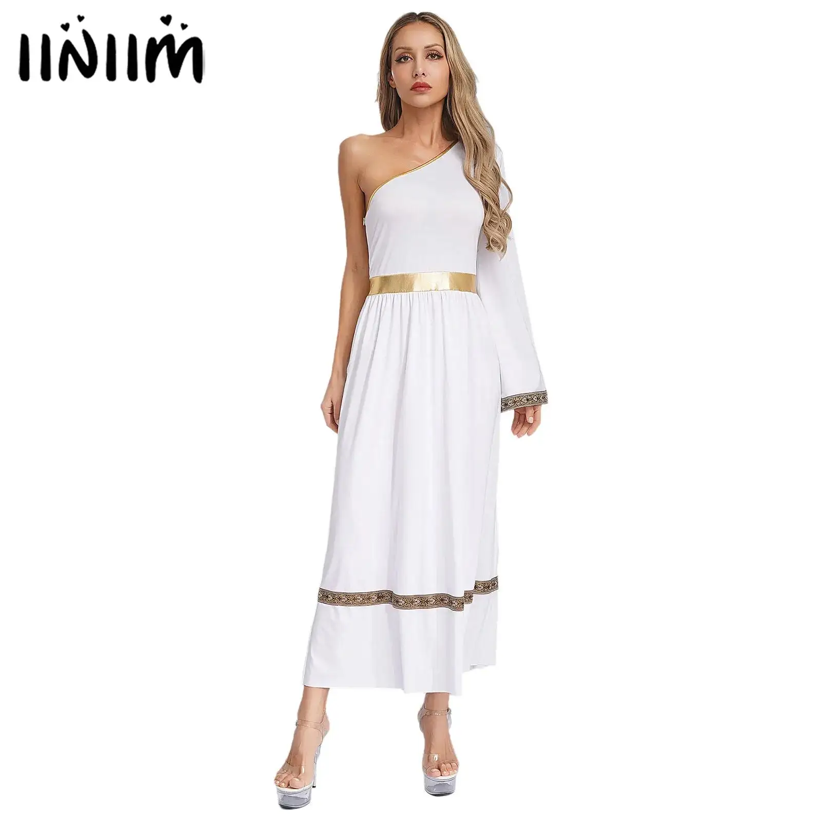 

Womens Ancient Greek Cosplay Costume Grecian Roman Princess Queen Robe One Shoulder High Waist Dress with Brocade Trim And Belt