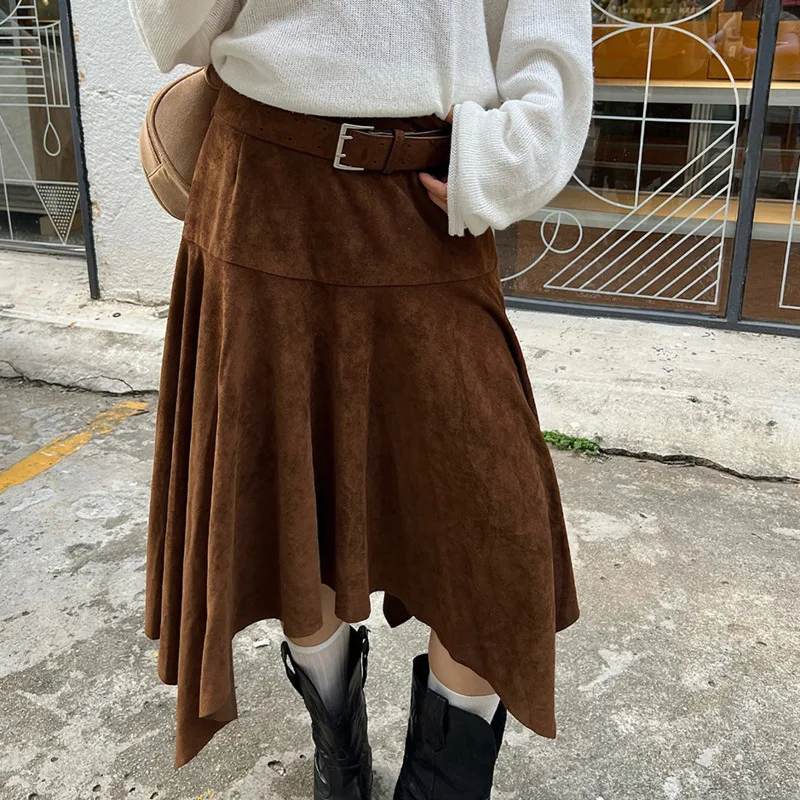 

High Waist Pleated Skirt Women Autumn Draped Design Irregular Half Skirt Brown Olid Color Temperament Elegant Mid Length Bottoms