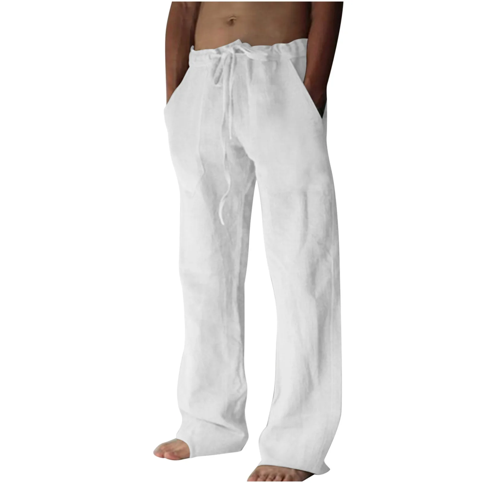 Calça casual de perna larga masculina, monocromática, com renda, algodão e linho, calça confortável, verão, 2024