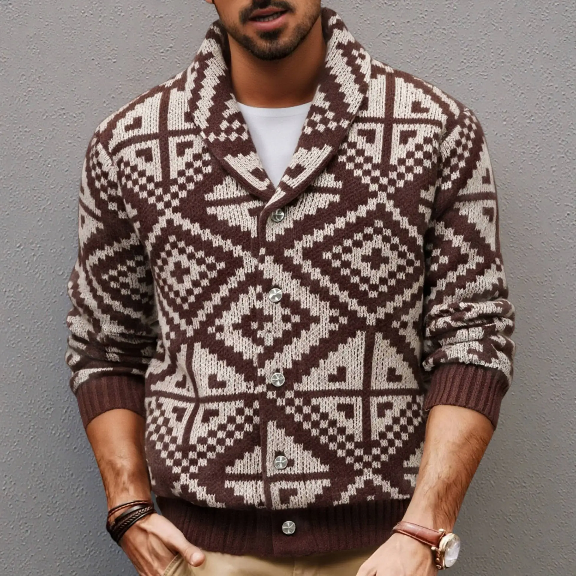 

Men's Casual Geometric Knitted Sweater American Retro Thi Needle Open Cardigan Woolen Weave Outerwear SY0077 Winter Long Sl...