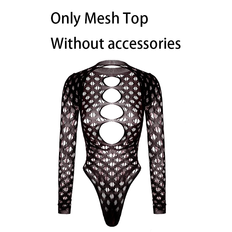 Women Bodysuit Hollow Out Fishnet Beach Cover Up, Sheer Festival Swimwear for Summer Backless Long Sleeves See-through Bodysuit image 6