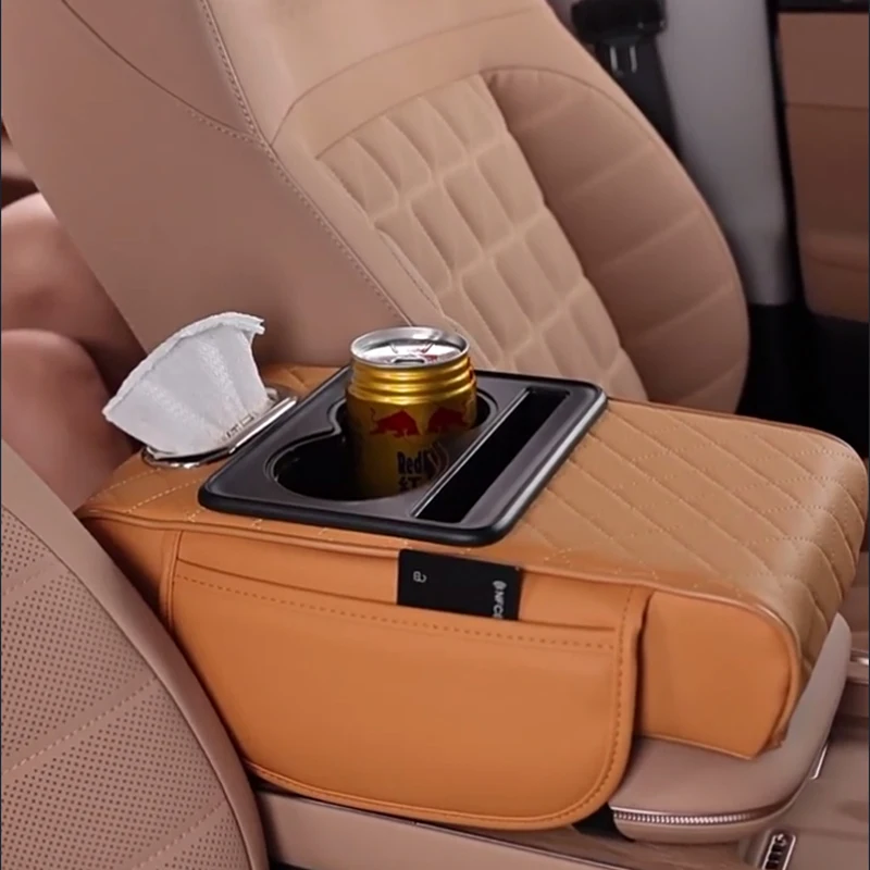 PU Leather Car Armrest Cover with Tissue Box Cup Holder Phone Support Foam Console Organizer Protective Pillow Cover Height Pad