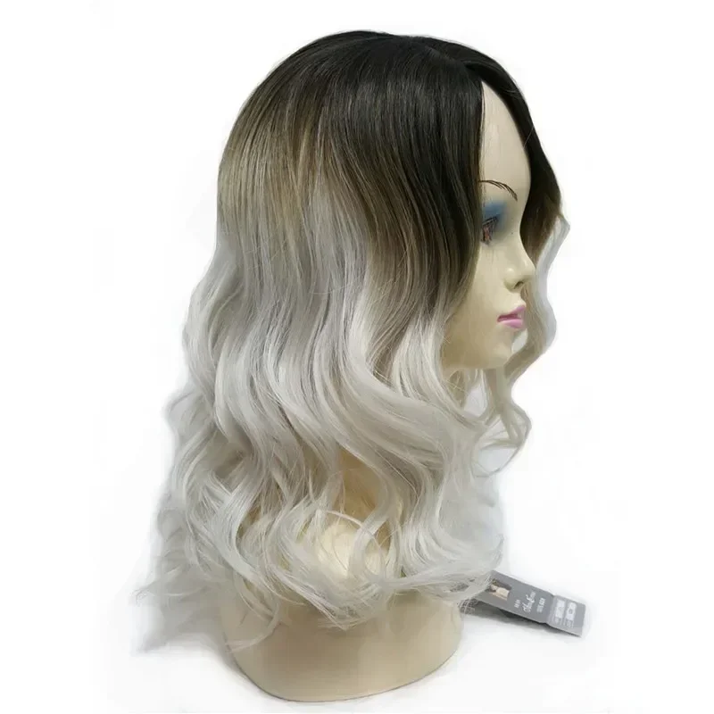 Kuat Wanita Wig Ombre Abu-abu Silver Akar Gelap Panjang Gaya Rambut Keriting dengan Bang Sintetis Penuh Wig