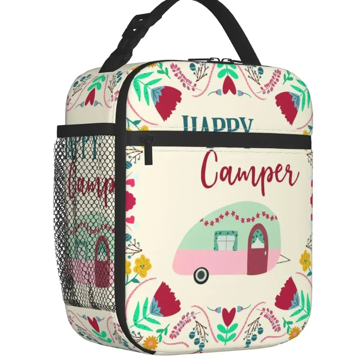 Adventure Happy Camp Insulated Lunch Bag Women Portable Cartoon RV Van Life Cooler Thermal Bento Box Kids School Children