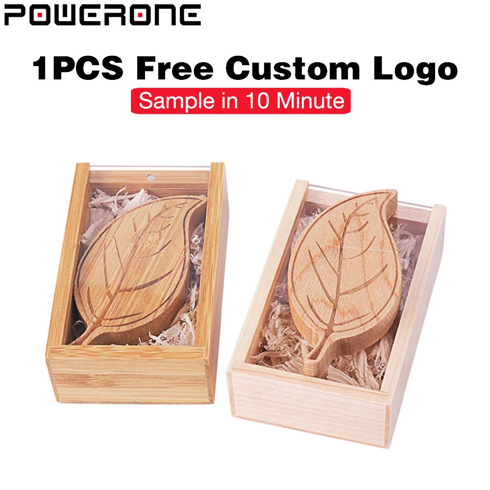 

Free Custom Logo USB Flash Drive 128GB Wood Leaf Memory Stick 64GB Wedding Gift Pen Drive 32GB Laser Engraving Pendrive 16G Box