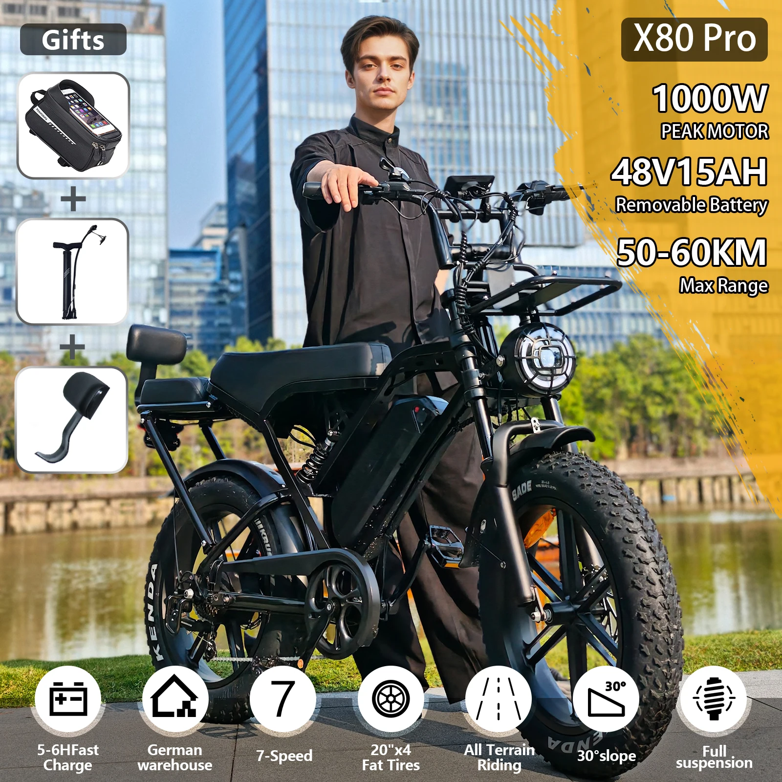 

X80Pro Adult Electric Bicycle, Ideal for Daily Urban Commuting | 48V/15Ah Battery, 1000W Motor, 50-60km Range | 20-inch Wide Tires, 7-Speed ​​Drivetrain, Full Suspension, Hydraulic Disc Brakes | All-Terrain Off-Road Electric Bicycle