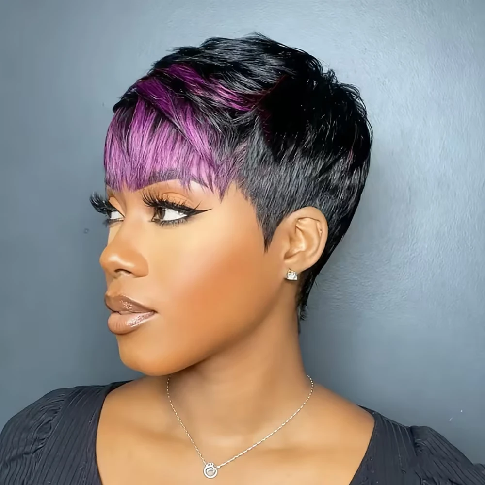 الأرجواني تسليط الضوء على قصة عابث قصيرة شعر مستعار شعر طبيعي مفرود الباروكات مع الانفجارات قبل قطعها للنساء شعر مستعار آلي صنع