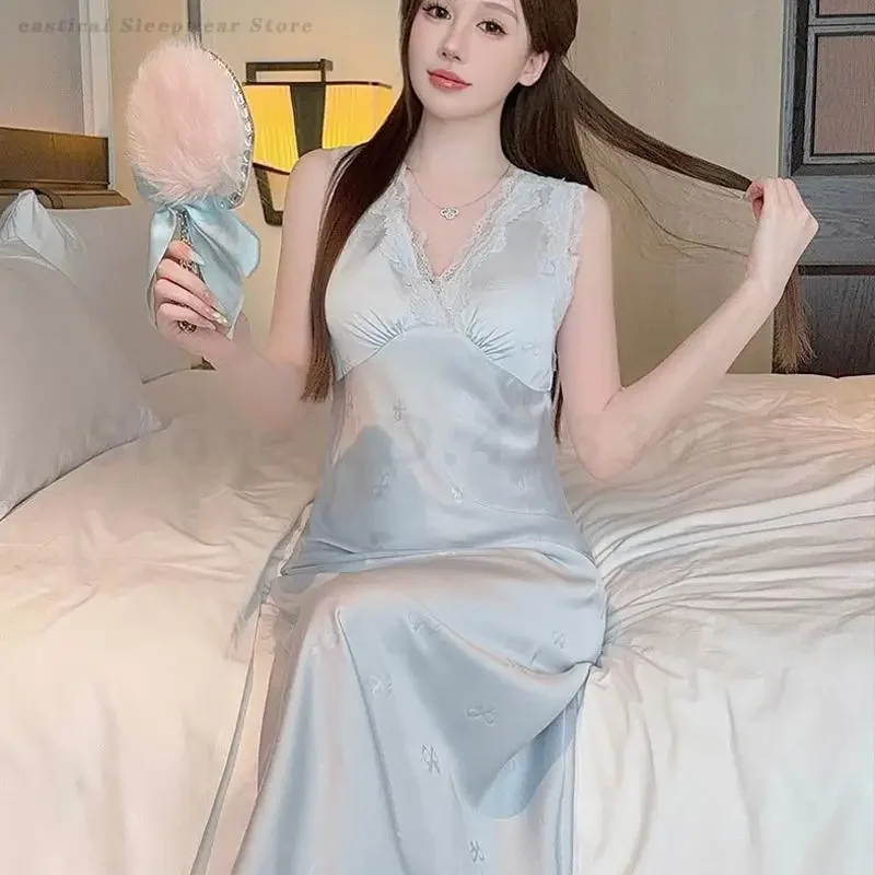 

Сексуальная длинная ночная рубашка без рукавов на бретелях, летняя женская сорочка, ночная рубашка, жаккардовая ночная рубашка, атласная домашняя одежда