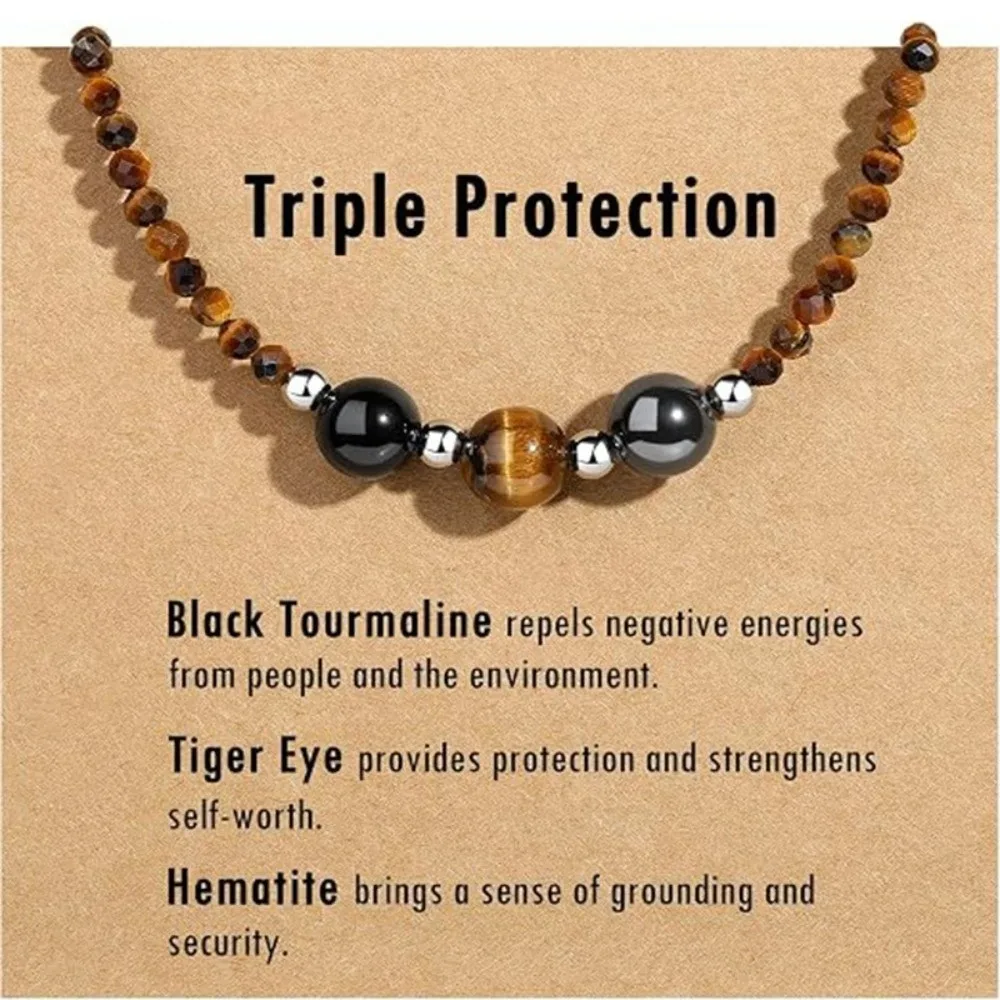 Natural Gemstone Crystal Necklace Anxiety Relief Triple Protection Beaded Choker Healthy Pregnancy New Beginnings