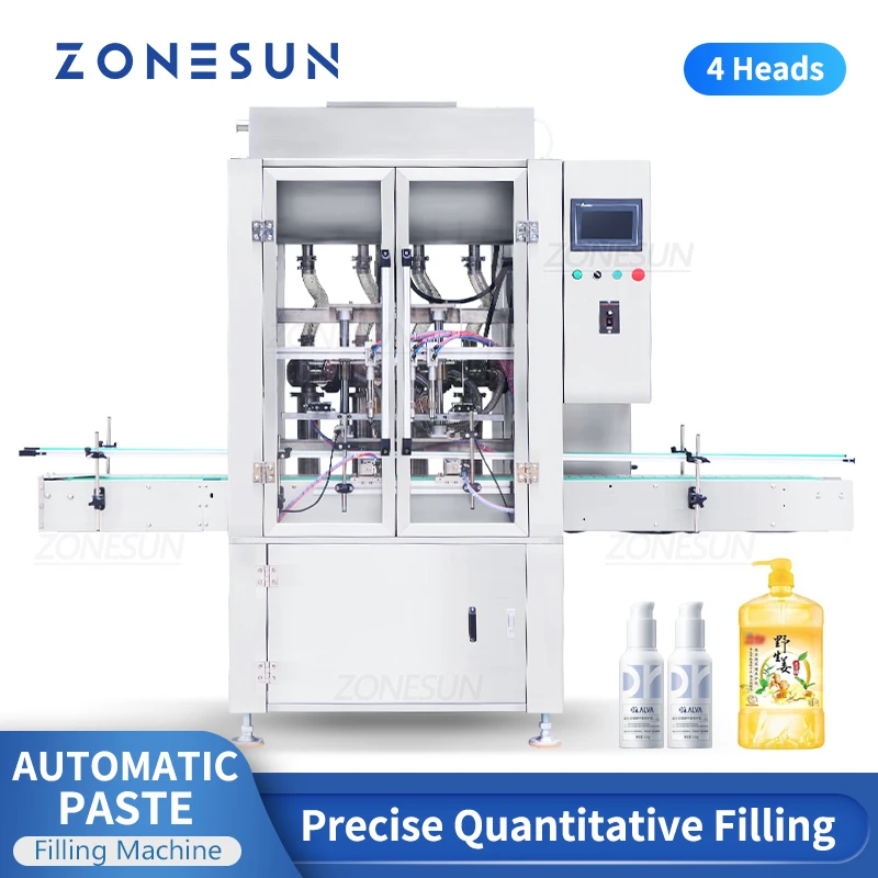 ZONESUN Paste Filling Machine Automatic 4 Heads Servo Motor Piston Pump Cream Cosmetic Sauce Honey Filler Production