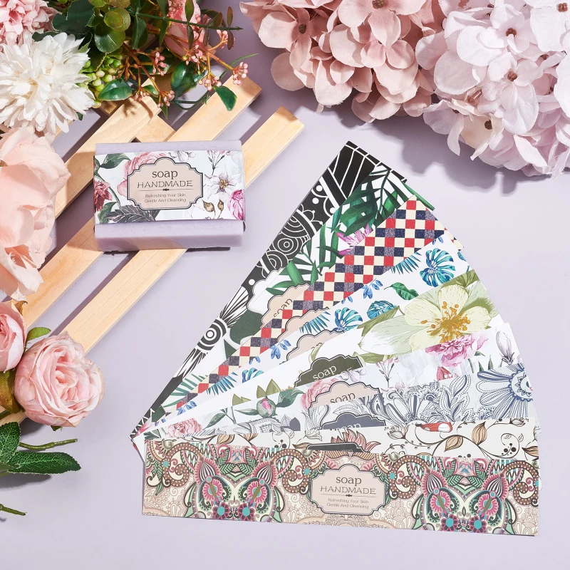 1Bag 90pcs Handmade Soap Paper Tag Wrap Paper Tape for Soap Packaging Rectangle with Flower Pattern Mixed Color 210x40x0.1mm
