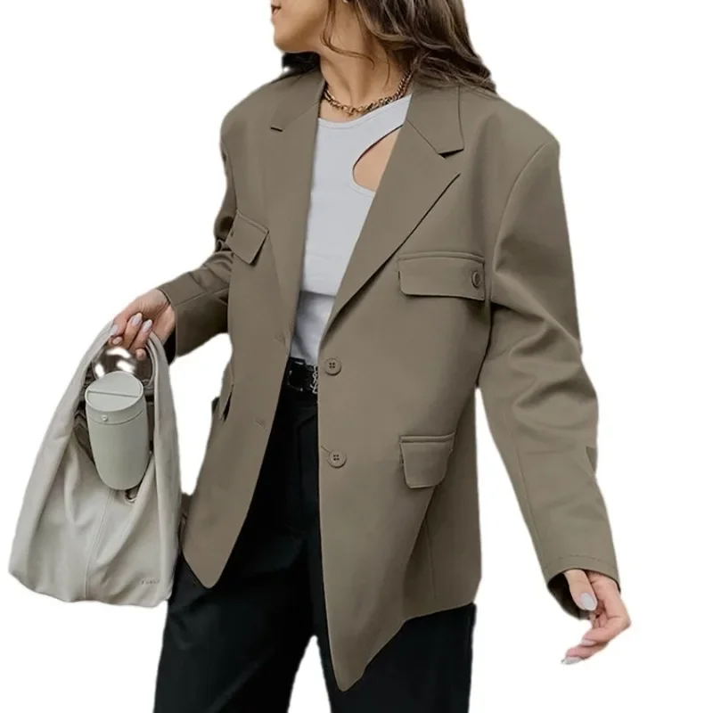 Un cappotto Blazer aderente monopetto moda donna tasche A maniche lunghe Vintage capispalla femminile giacca Femme Chic