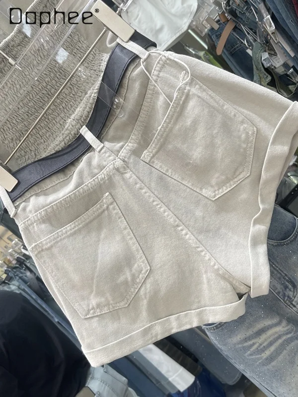 Chic Trend Vielseitig Babes Revers Zipper Denim Overall Mode Hot Girl Sexy Ärmellose Hohe Taille Breite Bein Shorts Frauen Sommer