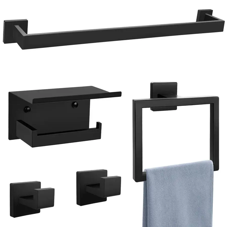 

Black Towel Bar Set 5Piece Bathroom Hardware Accessories Set Includes 23.6 Inch Towel Bar,Toilet Paper Holder with Shelf,Square