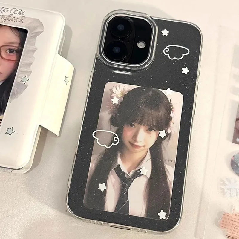 Capa de Celular Transparente Y2K Estilo Coreano INS com Asas de Estrela Brancas e Desenho Animado da Sorte para iPhone 17 Air 16 15 Pro Max 14 13 12 11 XR XS Plus