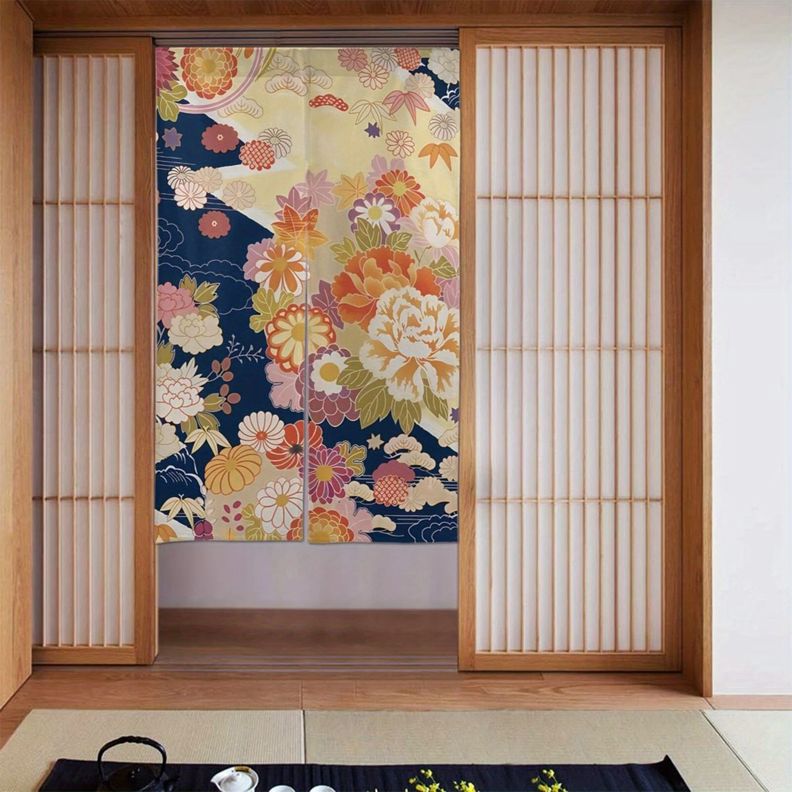 VIKAMA Vintage Peony Floral Half-Door Curtain, Ukiyo-e Floral Room Divider Curtain, Dust-Proof Home Decor Curtain