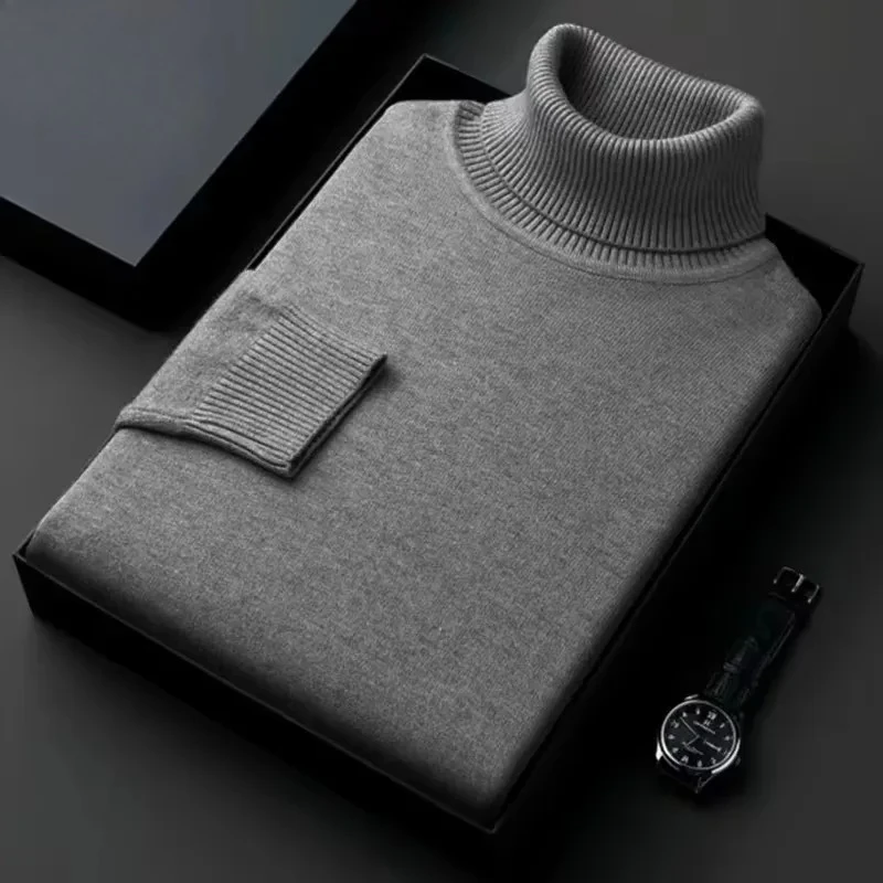 

New Mens Long Sleeve Knitted Sweaters Solid Color Turtleneck Coats Slim Fit Pullover Men Clothing Lightweight Streetwear