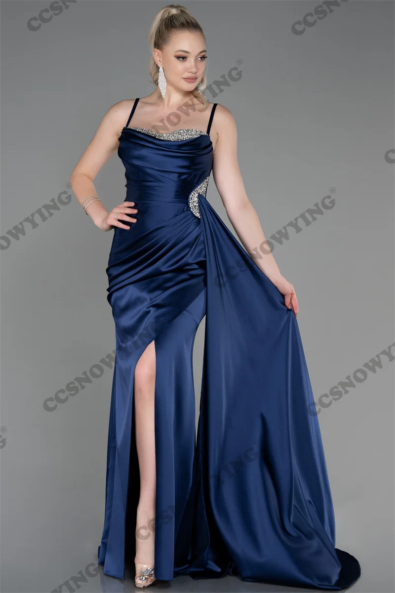 Vestido De graduación De sirena con cuentas De satén para mujer, vestido De fiesta De noche Formal con tirantes finos, vestido De fiesta con abertura lateral, caftán