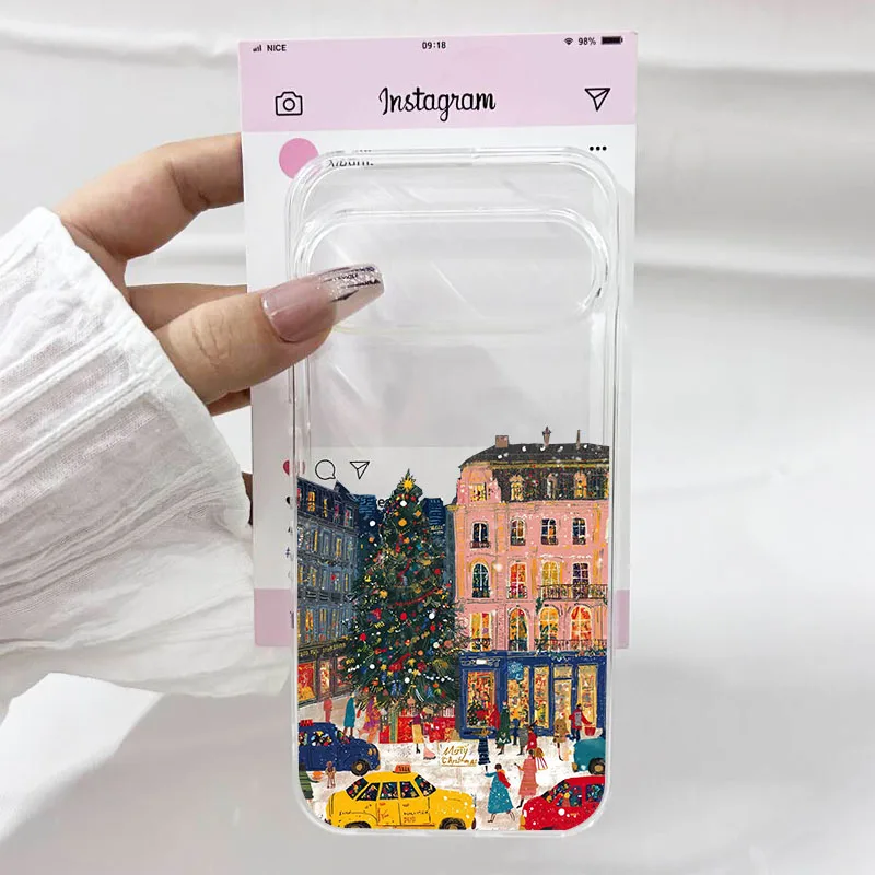 عيد الميلاد مدينة قرية مشهد جراب هاتف لجوجل بكسل 10 برو XL 9 برو 8 برو 6 7A 6A 5G الشتاء الثلوج واضح لينة غطاء من البولي يوريثان #6