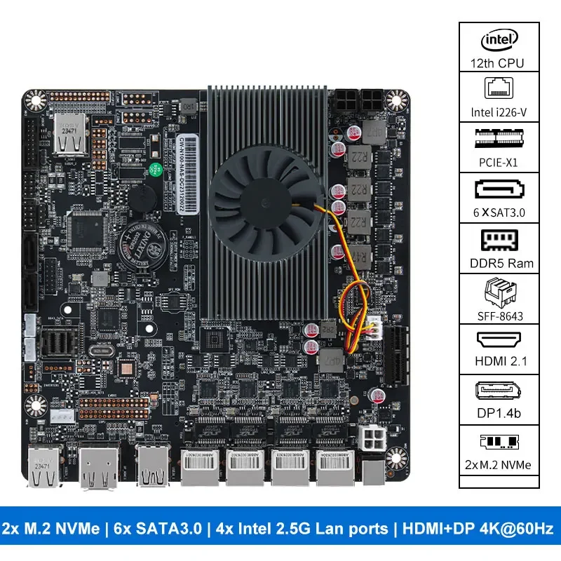 SmCpN100 Nas Motherboard 2xm.2 Nvme 4x I226-v Support 6*sata 3.0 Ddr5 Mini Itx Router Mainboard Pciex1 2.5g Rj45 Lan Type-c