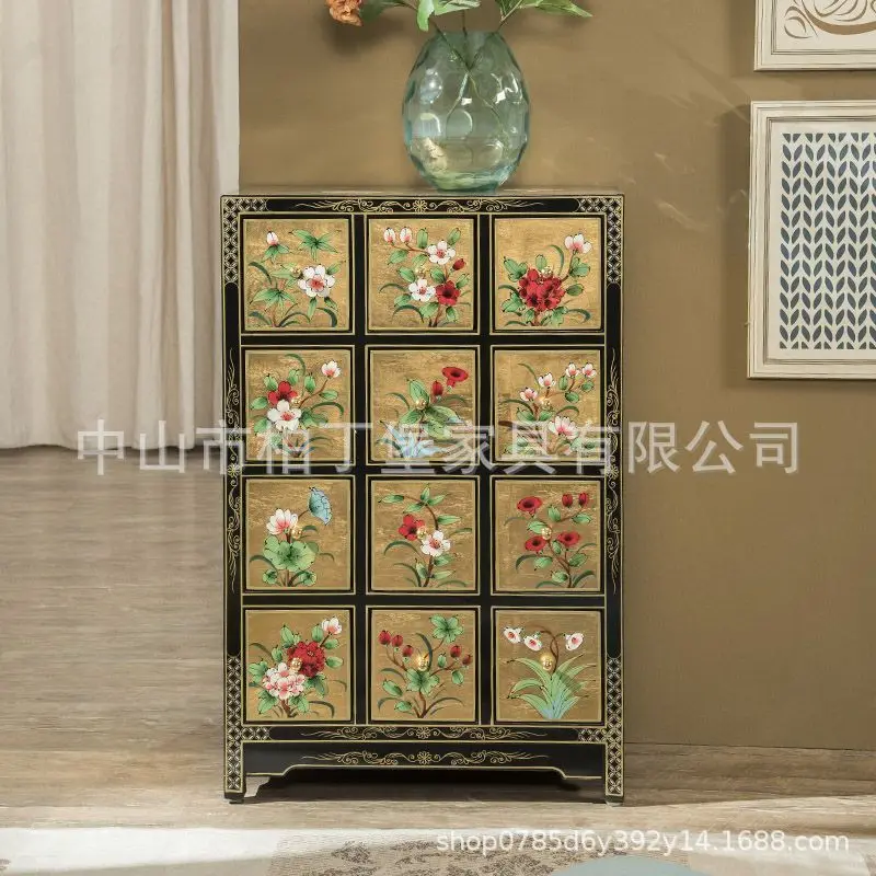 Bucket cabinet painted retro solid wood new Chinese gold foil bright light bedroom drawer storage cabinet living room vertical