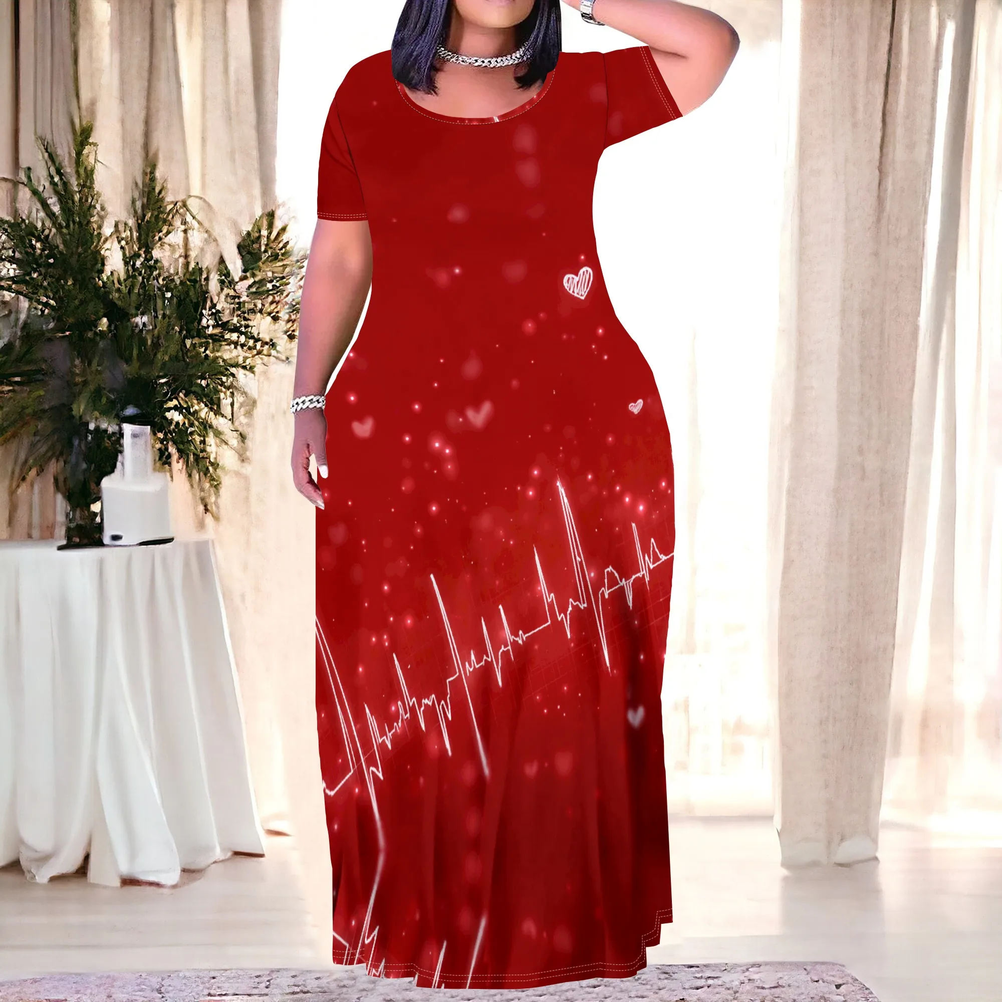 

Plus Size Heartbeat Print Maxi Dress for Women XL-6XL 2025 Red Short Sleeve Casual Love Theme Dress for Valentine's Day