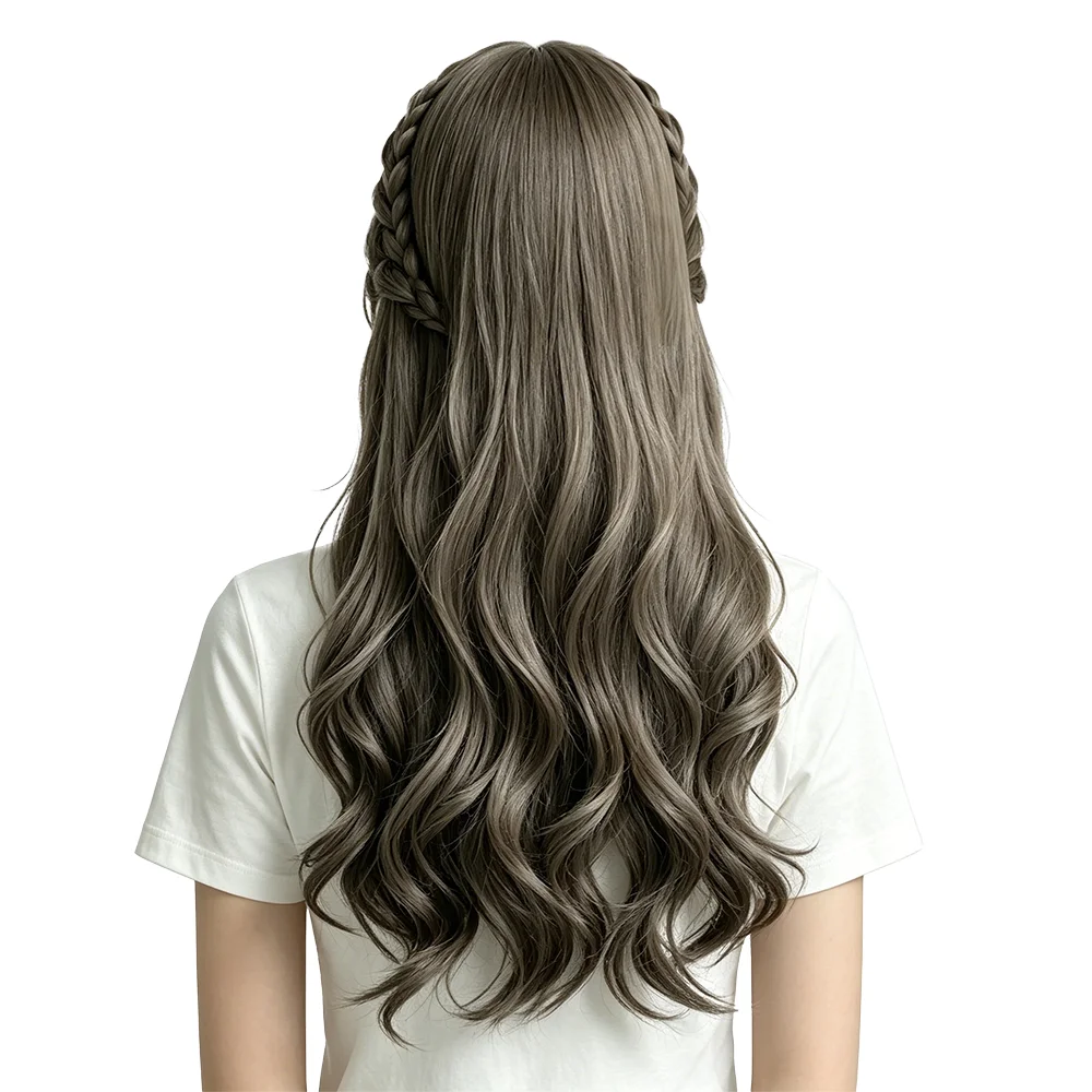 Sweet Cute Lolita Braided Long Wavy Wig Dark Ash Brown With Air Bangs Heat Resistant Synthetic Hair For Women Cosplay Party