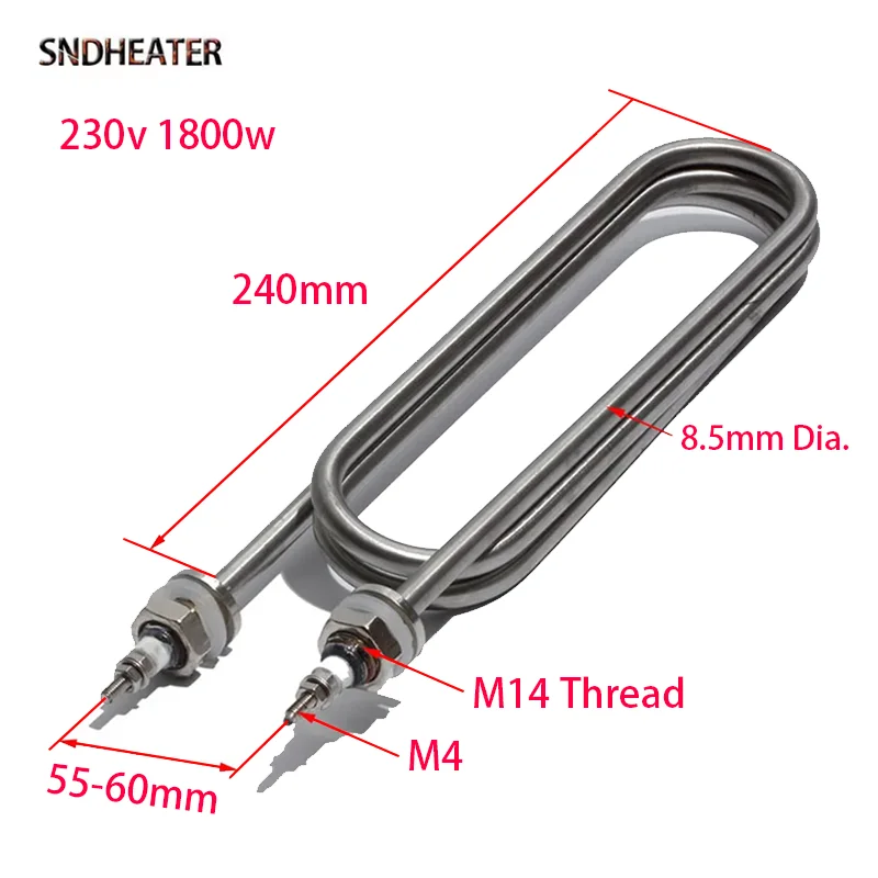 SNDHEATER 230 فولت 1800 واط U شكل عنصر تسخين المياه M14 موضوع بيند سخان أنبوبي 304 الفولاذ المقاوم للصدأ 240 مللي متر طول للتبخير
