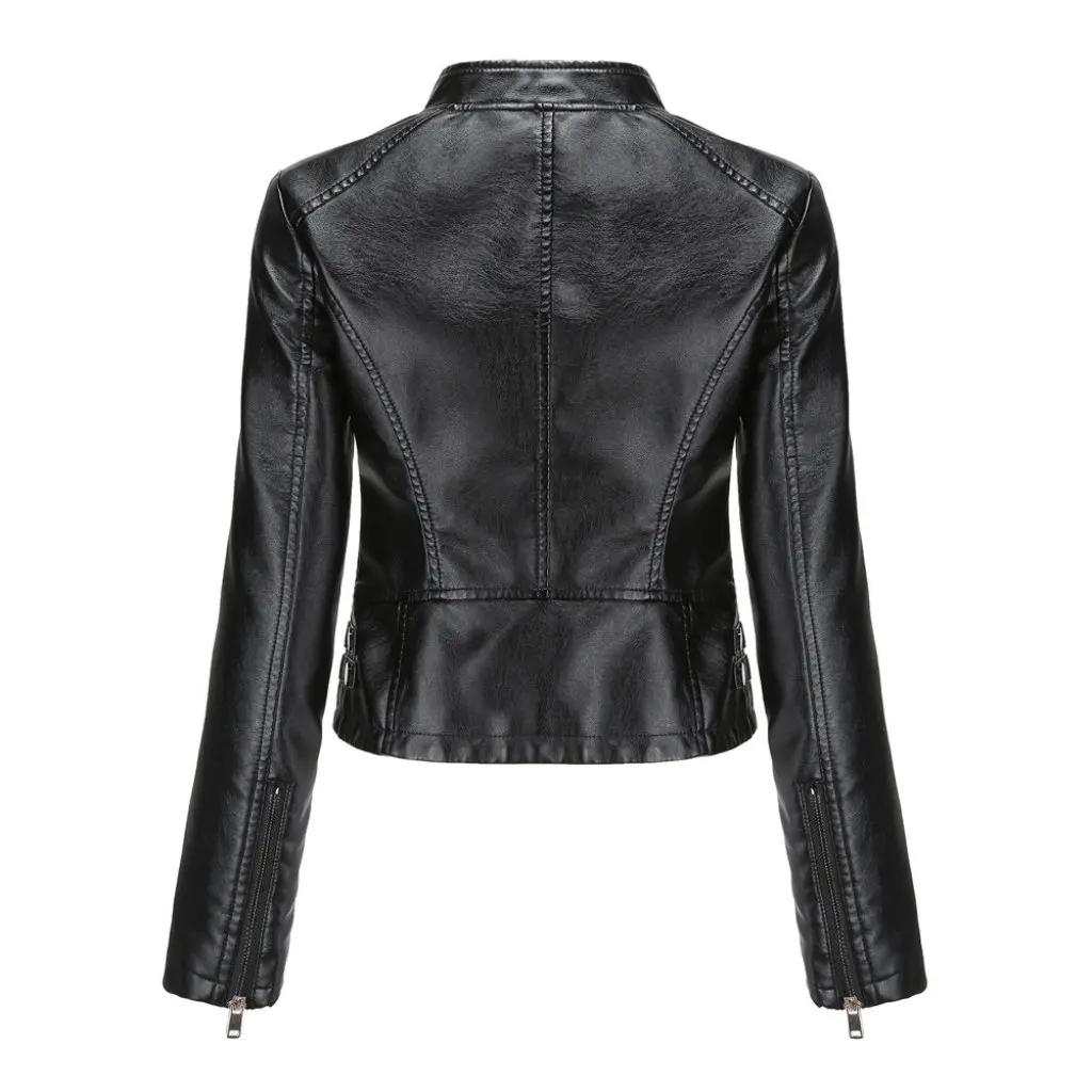 Autumn Slim Fit Street Hipster Zipper Black Long Sleeve Coat European American Imitation Leather Stand Collar No Belt