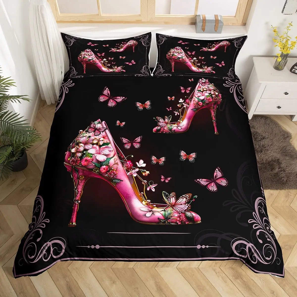 High-Heeled Shoes Duvet Cover Single King Fantasy Glitter Quilt Cover Polyester Romantic Theme Bedding Set Valentine Day Gift