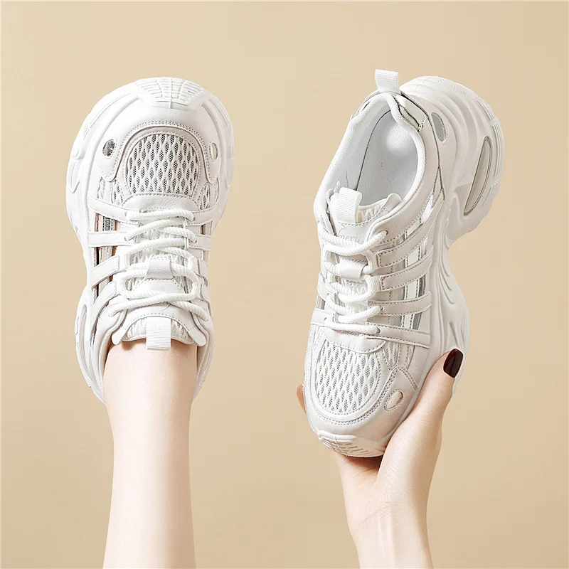 Женские туфли для папы из натуральной кожи 2025 года — кроссовки на платформе с дышащей мягкой подкладкой — летняя повседневная спортивная обувь на массивной подошве Женские туфли для папы из натуральной кожи 2025 года — кроссовки на платформе с дышащей мягкой подкладкой — летняя повседневная спортивная обувь на массивной подошве