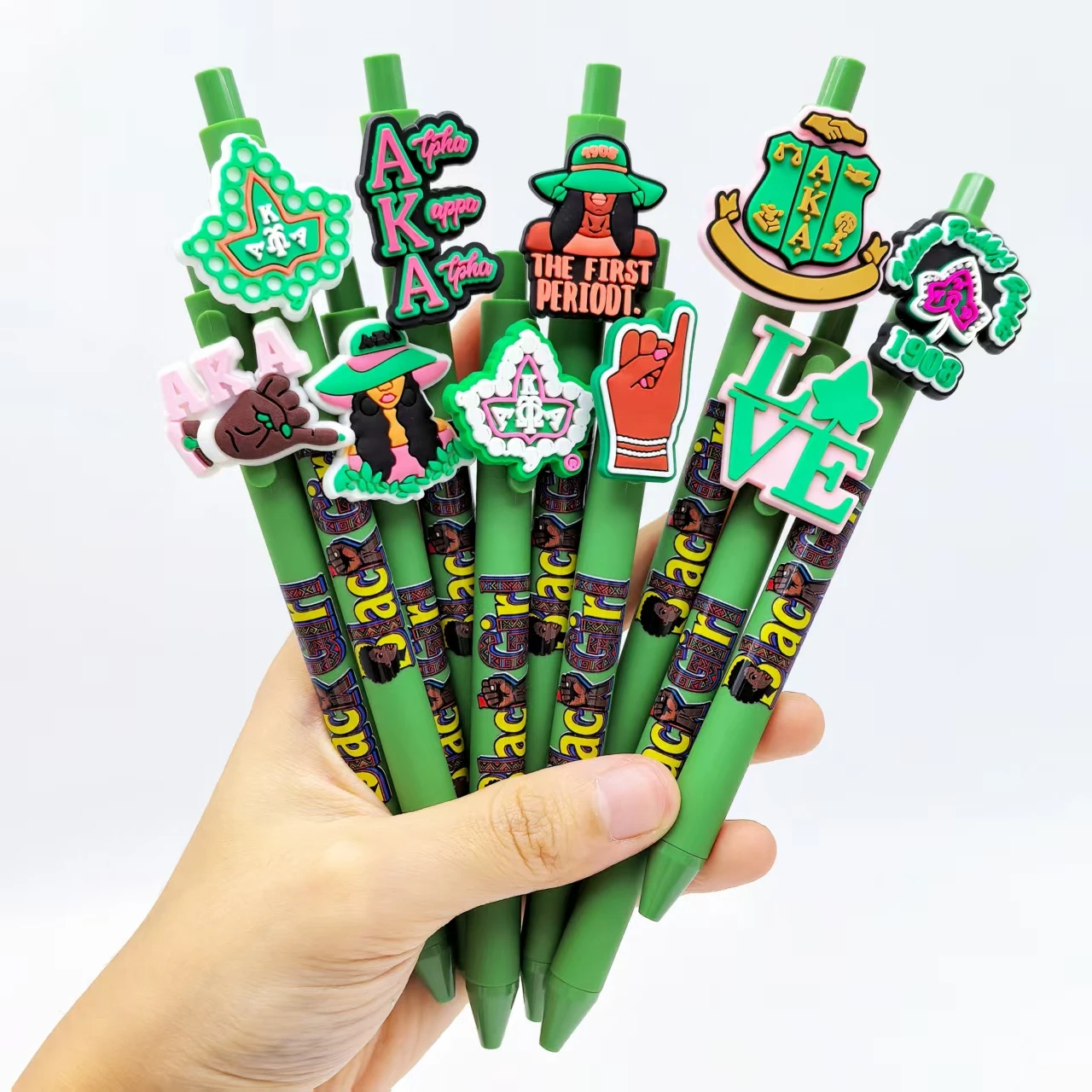 

8pcs/12pcs/15pcs/17pcs student writing signature pens, green AKA element press ballpoint pens, daily office and study stationery