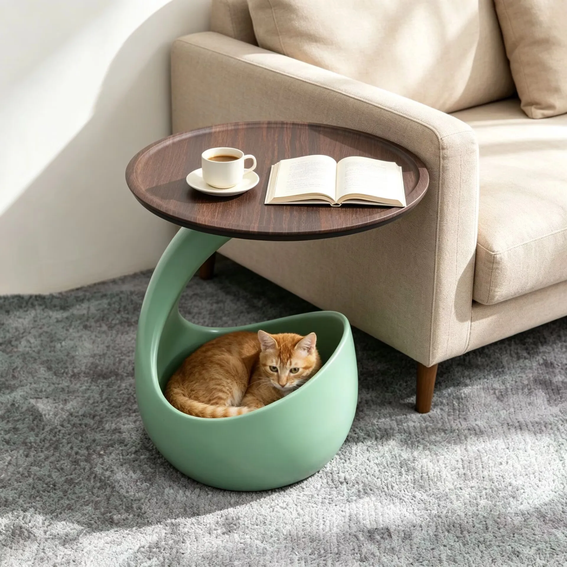 Coffee table furniture creative cat nest edge table with walnut wood grain round tabletop pet nest edge table storage table