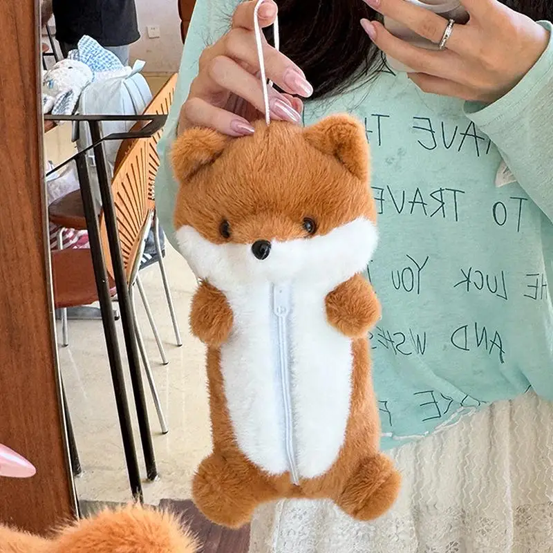 Weiches, flauschiges Plüsch-Fuchs-Federmäppchen mit tragbarem Aufhängering und großer Kapazität für Schüler, Schule, Büro und Schreibwaren-Aufbewahrung. – Detail 16