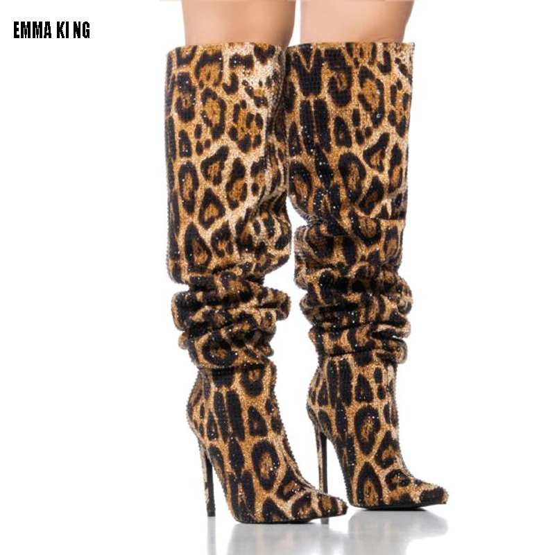 

Women Over-the-Knee Fabric High Boots 10/12cm Heels Sexy Leopard Long Thigh Booties Winter Fetish Stripper Nightclub Shoes 44