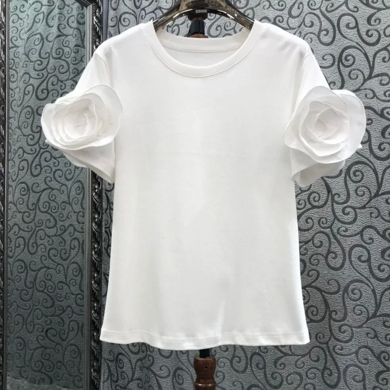 3D Flowers T Shirt for Women Vintage Spring Summer Korean Fashion Ropa De Mujer Solid Simple Elegant Tees Clothing