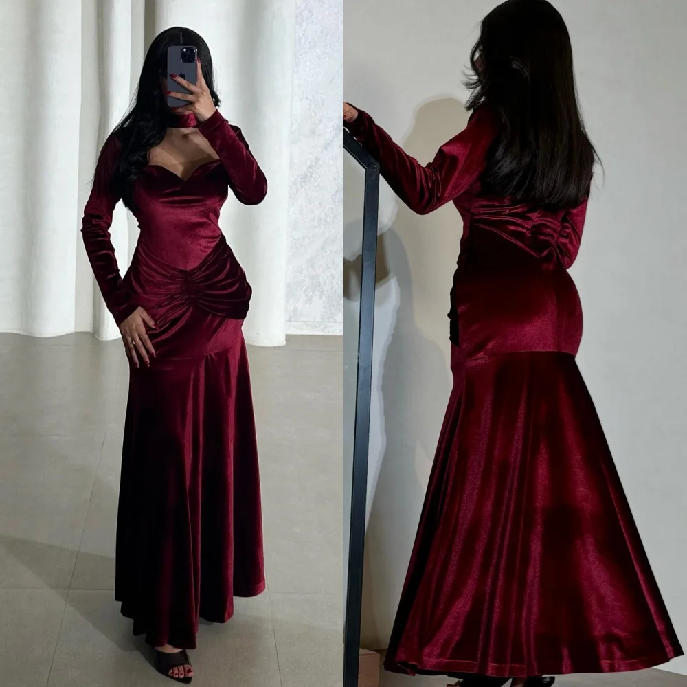 

Customized Matching Velour Pleat Ruched Straight High Collar Midi Dresses Bespoke Occasion Dresses Fashion Classic Exquisite